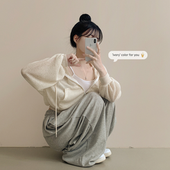 [한여름까지~/햇빛차단] 린넨 아방핏 시스루 후드 크롭 니트 집업 살안타템 커버업 비치웨어 아이보리