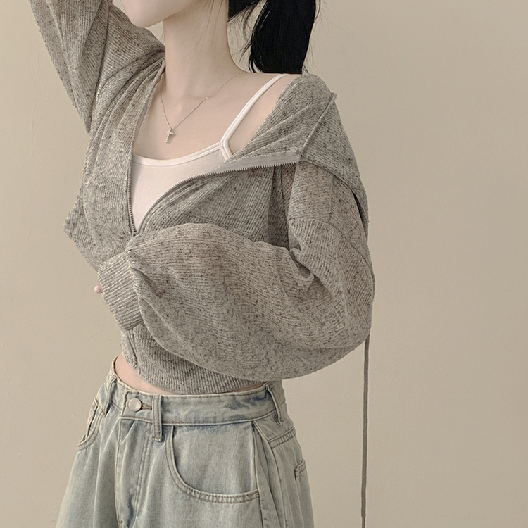 [한여름까지~/햇빛차단] 린넨 아방핏 시스루 후드 크롭 니트 집업 살안타템 커버업 비치웨어 메란지