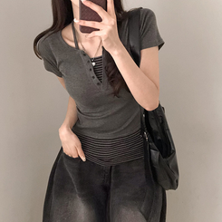 半袖Tシャツ ストライプレイヤードホールター半袖Tシャツ CHARCOAL