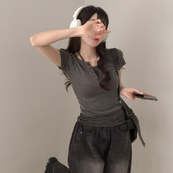 半袖Tシャツ ストライプレイヤードホールター半袖Tシャツ CHARCOAL