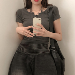 半袖Tシャツ ストライプレイヤードホールター半袖Tシャツ CHARCOAL