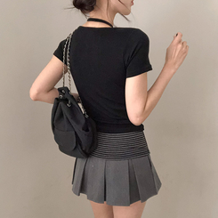 半袖Tシャツ ストライプレイヤードホールター半袖Tシャツ BLACK