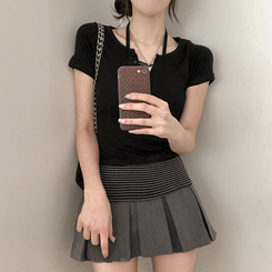 半袖Tシャツ ストライプレイヤードホールター半袖Tシャツ BLACK