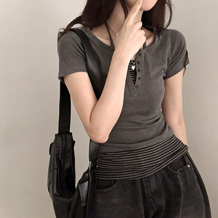 투톤 단가라 배색 레이어드 홀터 일체형 반팔 티셔츠 차콜