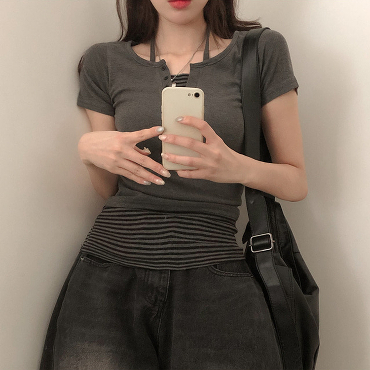 투톤 단가라 배색 레이어드 홀터 일체형 반팔 티셔츠 차콜