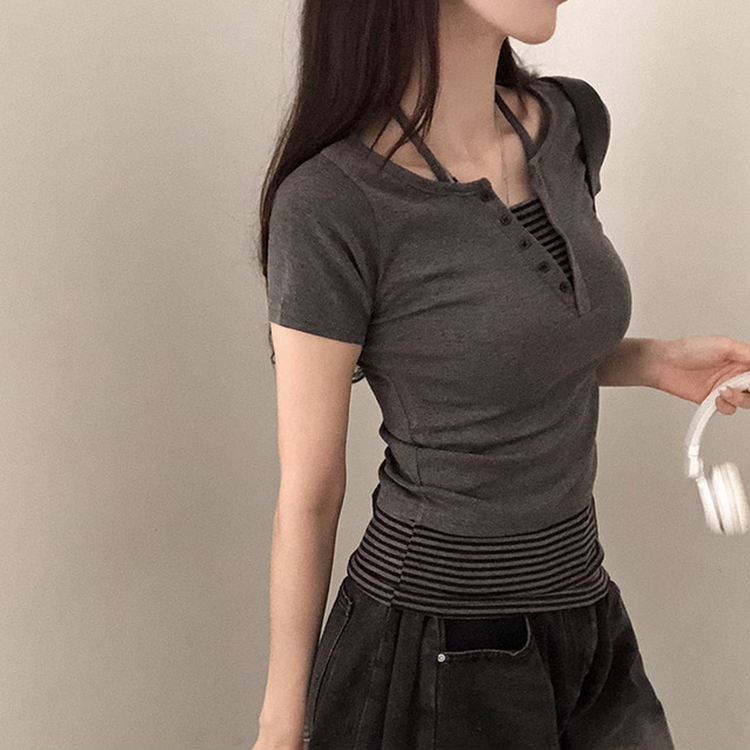 투톤 단가라 배색 레이어드 홀터 일체형 반팔 티셔츠 차콜