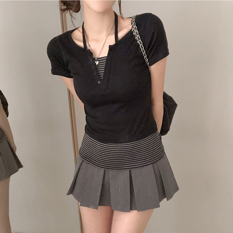 투톤 단가라 배색 레이어드 홀터 일체형 반팔 티셔츠 블랙