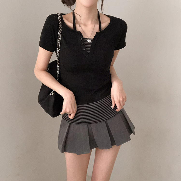 투톤 단가라 배색 레이어드 홀터 일체형 반팔 티셔츠 블랙