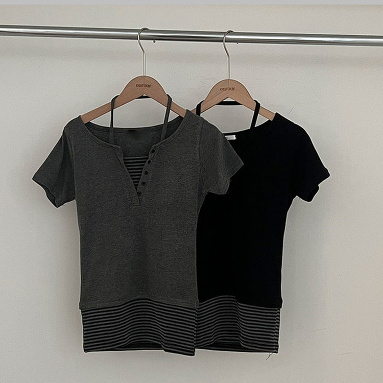 투톤 단가라 배색 레이어드 홀터 일체형 반팔 티셔츠