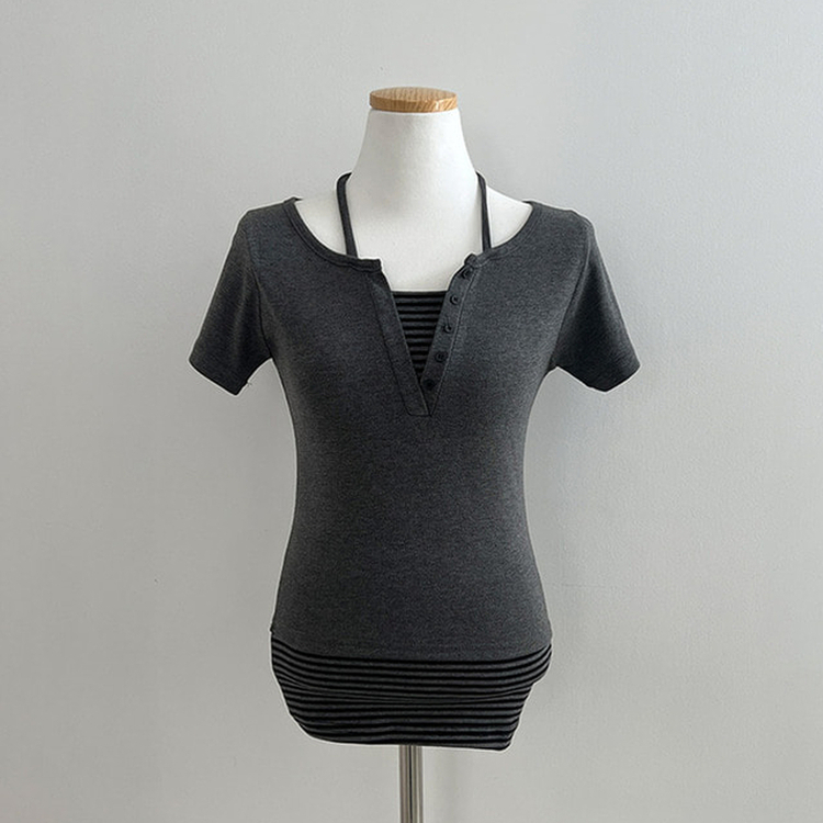 투톤 단가라 배색 레이어드 홀터 일체형 반팔 티셔츠