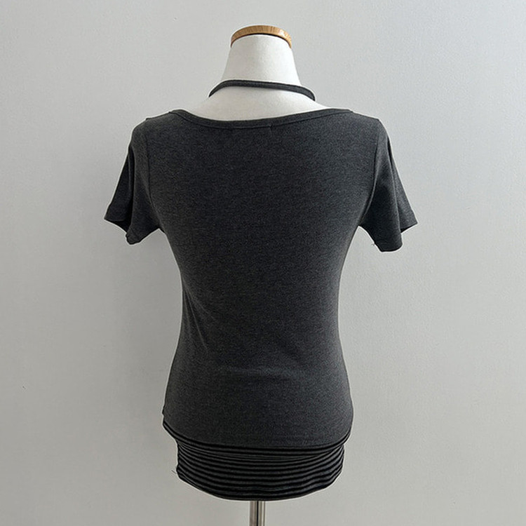 투톤 단가라 배색 레이어드 홀터 일체형 반팔 티셔츠