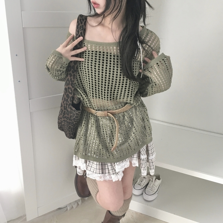ショルダーフォルムニット CAM SNT30857 【SET】【ベルト付き】オフショルダーメッシュニット