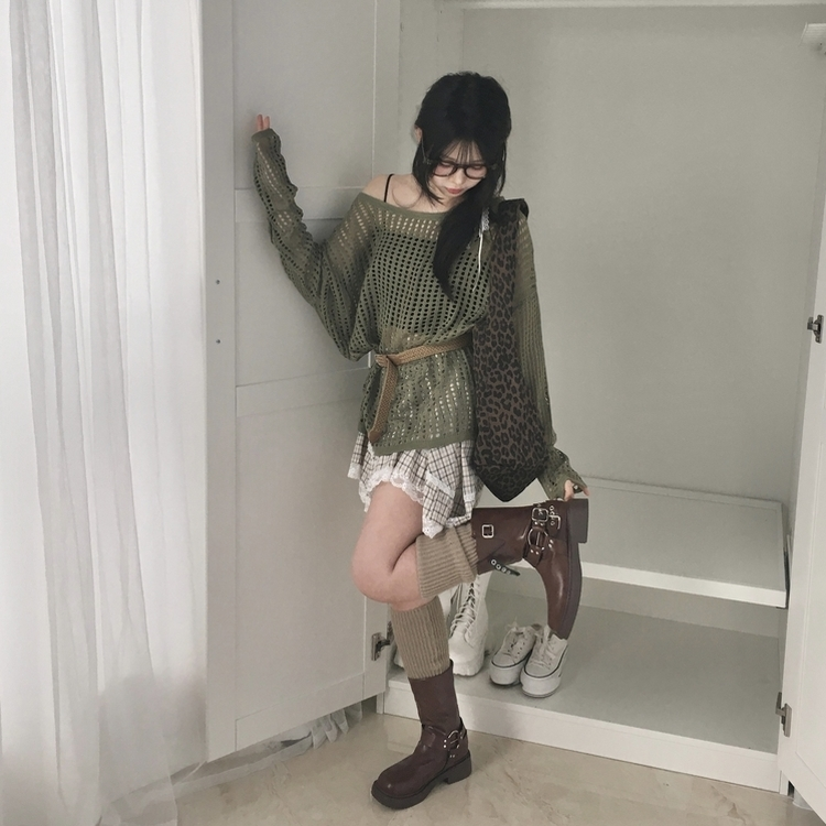 SNT30857 【SET】【ベルト付き】オフショルダーメッシュニット