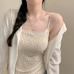 ノースリーブ 【カップ付き】フラワーリボンレースキャミソール BEIGE