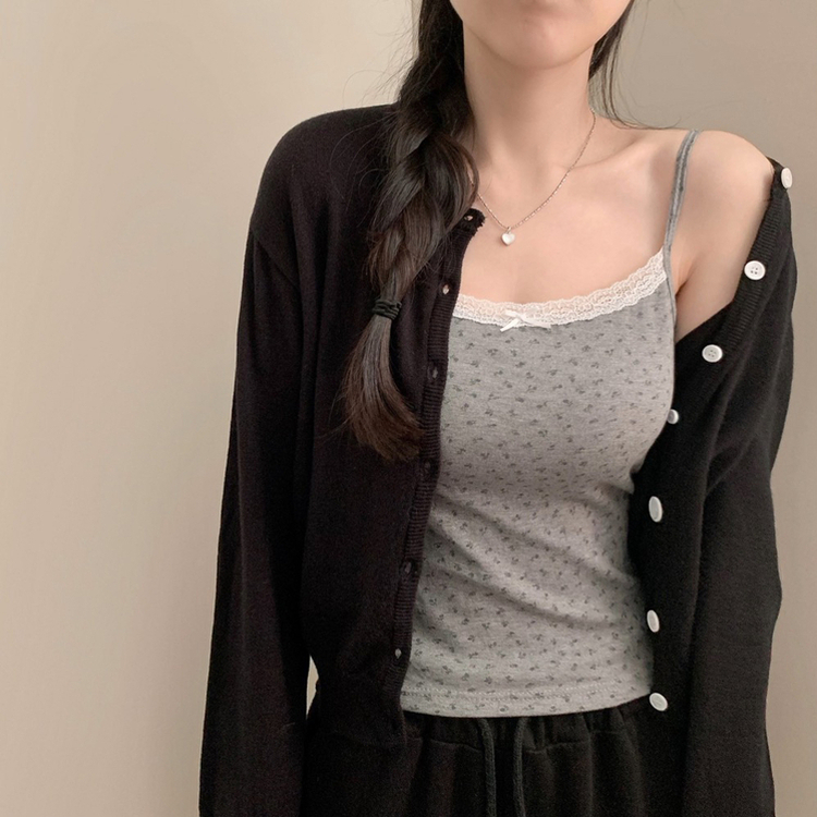 【カップ付き】フラワーリボンレースキャミソール CHARCOAL
