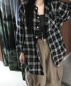 シャツ ペインティングチェックシャツ BLACK