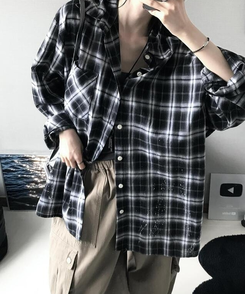 シャツ ペインティングチェックシャツ BLACK