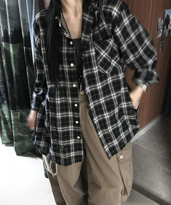 シャツ ペインティングチェックシャツ BLACK