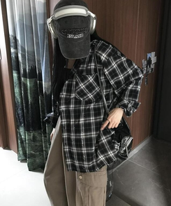 シャツ ペインティングチェックシャツ BLACK