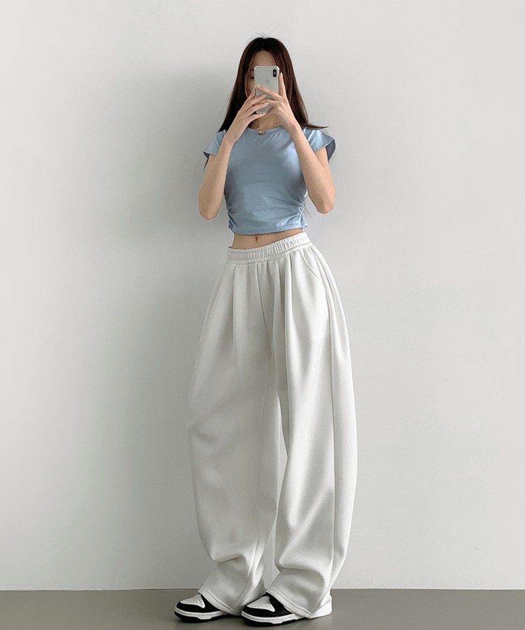 사이드 핀턱 골반 볼륨 업 벌룬 와이드 밴딩 팬츠 화이트