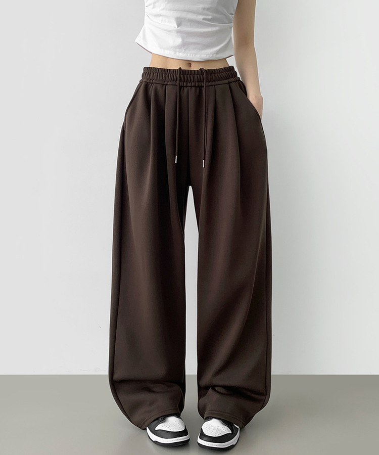 사이드 핀턱 골반 볼륨 업 벌룬 와이드 밴딩 팬츠 브라운
