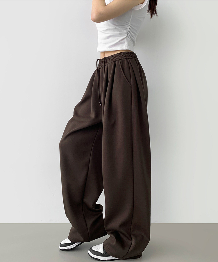 사이드 핀턱 골반 볼륨 업 벌룬 와이드 밴딩 팬츠 브라운