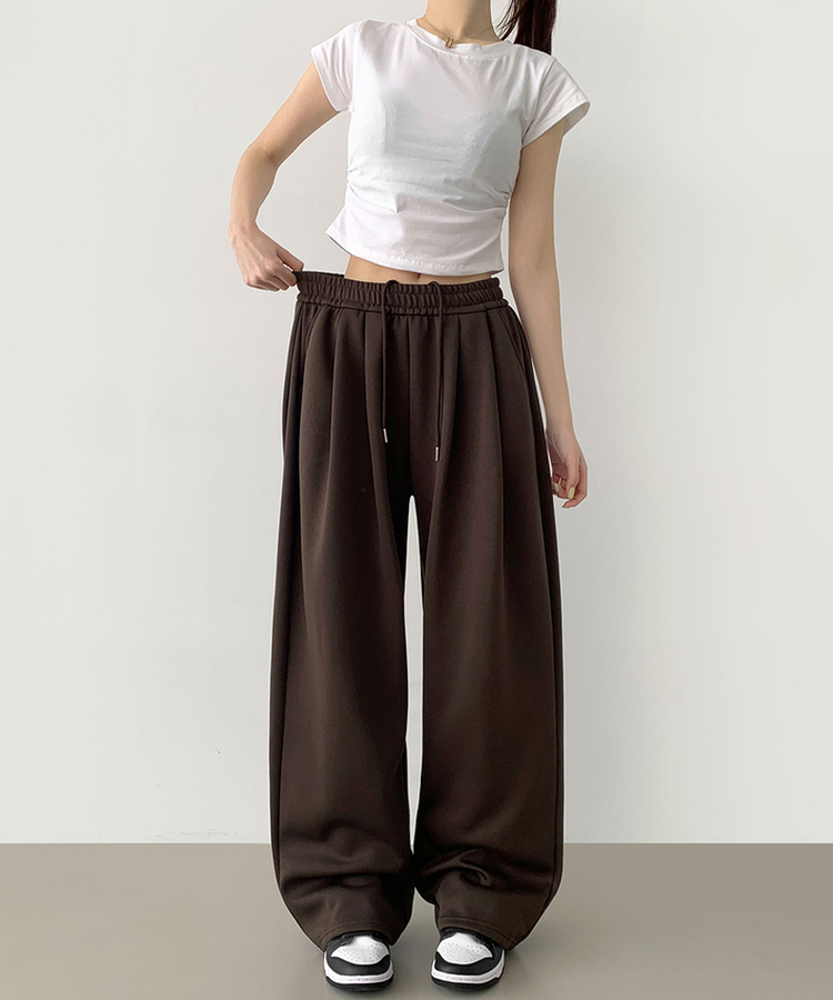 사이드 핀턱 골반 볼륨 업 벌룬 와이드 밴딩 팬츠 브라운