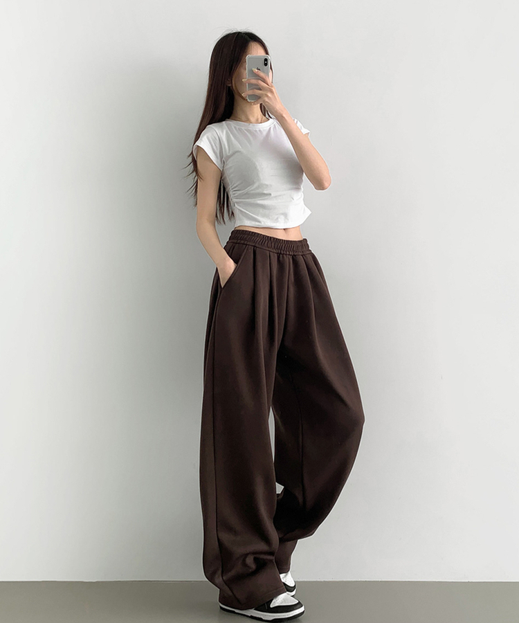 사이드 핀턱 골반 볼륨 업 벌룬 와이드 밴딩 팬츠 브라운