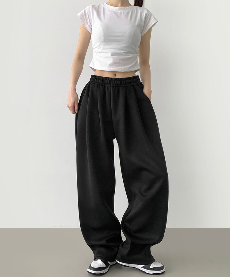 사이드 핀턱 골반 볼륨 업 벌룬 와이드 밴딩 팬츠 블랙