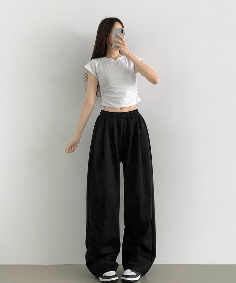 사이드 핀턱 골반 볼륨 업 벌룬 와이드 밴딩 팬츠 블랙