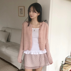 [뽀송]플라워물결 세미크롭 긴팔 가디건 5color 연핑크