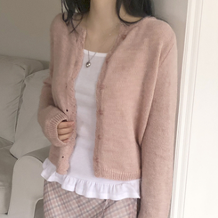 [뽀송]플라워물결 세미크롭 긴팔 가디건 5color 연핑크
