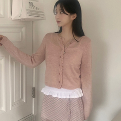 [뽀송]플라워물결 세미크롭 긴팔 가디건 5color 연핑크