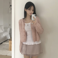 [뽀송]플라워물결 세미크롭 긴팔 가디건 5color 연핑크