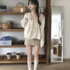 [뽀송]플라워물결 세미크롭 긴팔 가디건 5color 아이보리