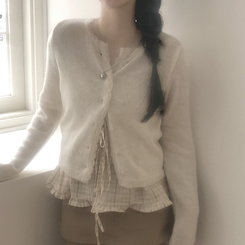 [뽀송]플라워물결 세미크롭 긴팔 가디건 5color 아이보리