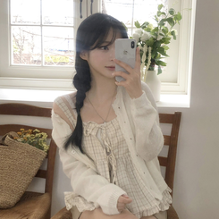 [뽀송]플라워물결 세미크롭 긴팔 가디건 5color 아이보리