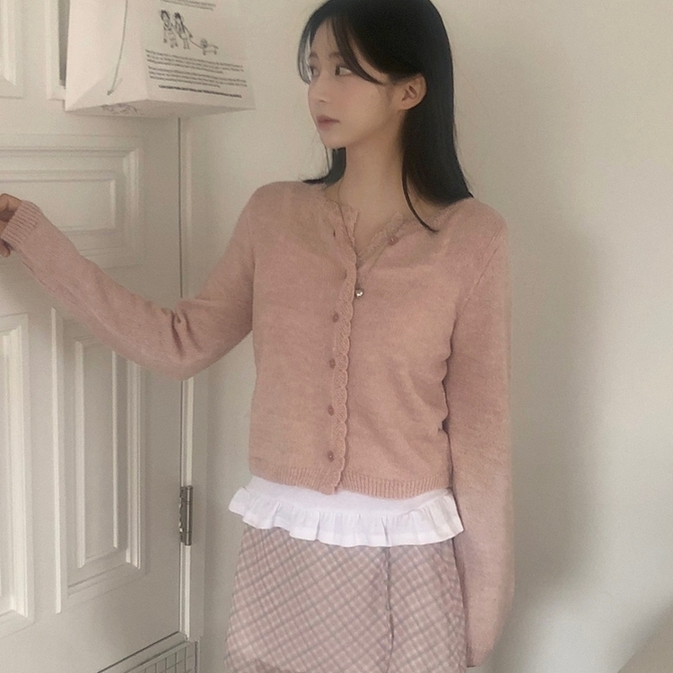[뽀송]플라워물결 세미크롭 긴팔 가디건 5color 연핑크