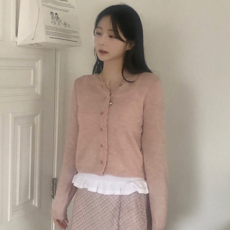 [뽀송]플라워물결 세미크롭 긴팔 가디건 5color 연핑크