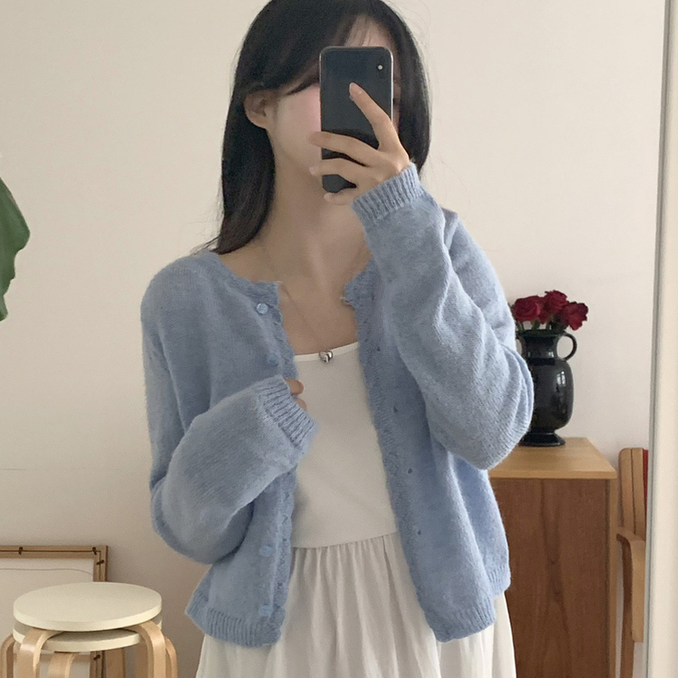 [뽀송]플라워물결 세미크롭 긴팔 가디건 5color 소라