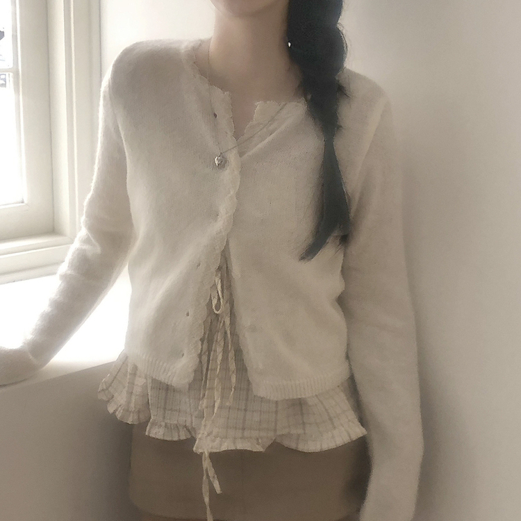 [뽀송]플라워물결 세미크롭 긴팔 가디건 5color 아이보리