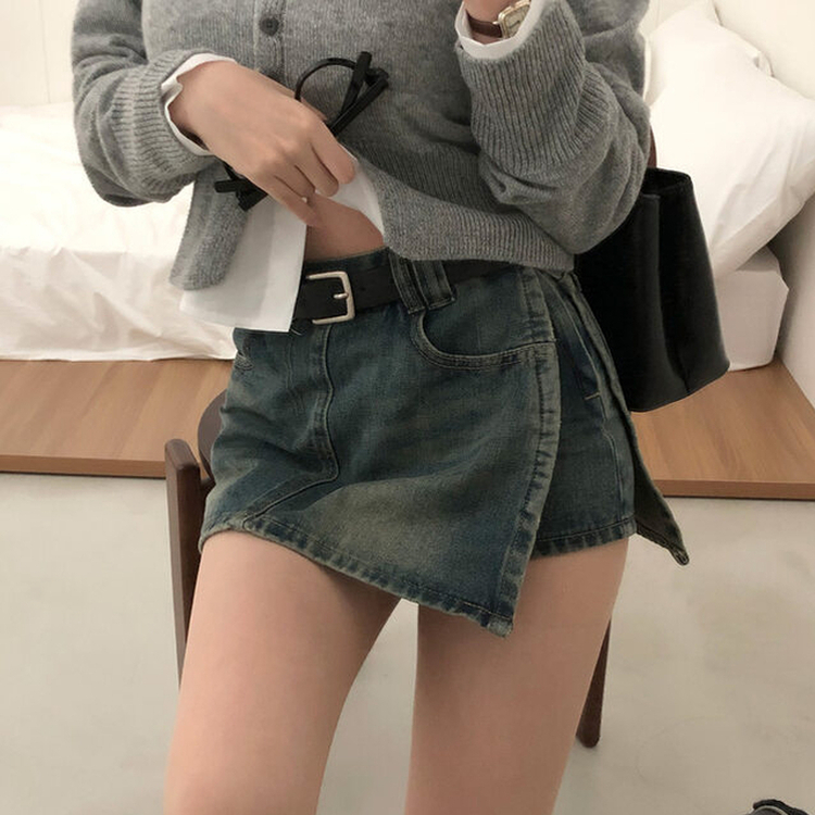 SSK22417 スリットラップデニムスカートパンツ ミニスカート - Cream 