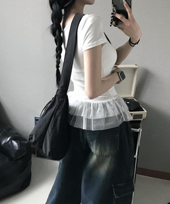 レースUネック半袖Tシャツ WHITE