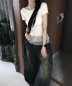 レースUネック半袖Tシャツ WHITE