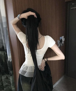 レースUネック半袖Tシャツ WHITE
