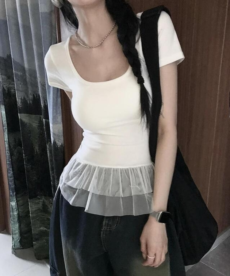 レースUネック半袖Tシャツ WHITE