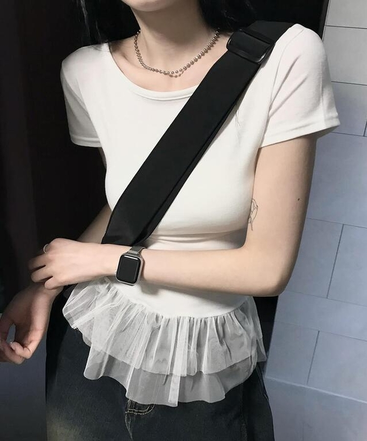 レースUネック半袖Tシャツ WHITE