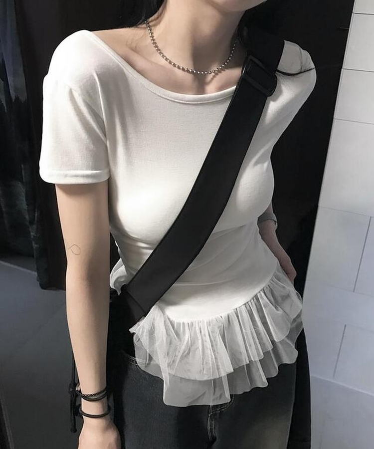 レースUネック半袖Tシャツ WHITE