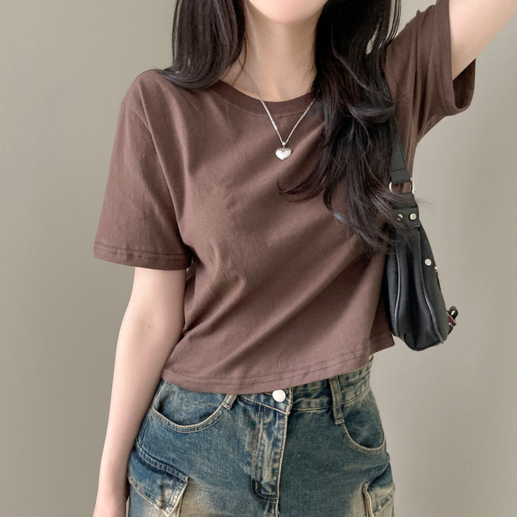 無地クロップ半袖Tシャツ(10color) BROWN