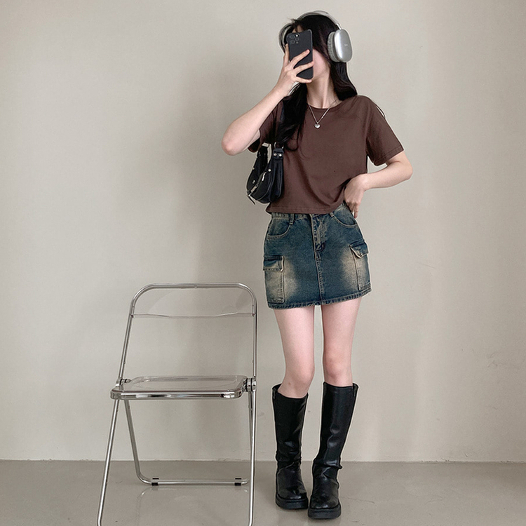 無地クロップ半袖Tシャツ(10color) BROWN